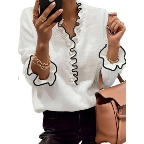 Women's Ruffle V Neck Long Sleeve Sweater Contrast Color V Neck Pearl Beaded Button Sweater Knitted Pullover Tops
