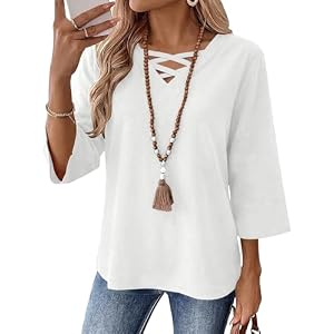 Rapbin Womens 3/4 Sleeve Tops Cotton Linen Shirts V Neck Criss Cross Tees Loose Fit Blouses Summer Fashion