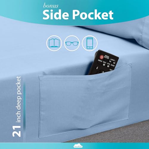 Image of DREAMCARE Twin XL Sheets - 3pc Breathable Cooling Sheets Twin XL Sheet Sets | - up to 21 inch Deep Pocket XL Twin Sheets with Side Pockets - Extra Soft - Double Brushed Hotel Luxury Bed Sheets - Light Blue