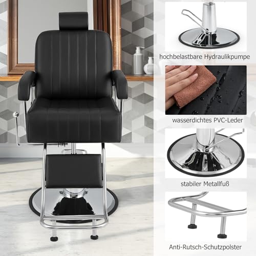 COSTWAY Friseurstuhl mit Kopfstütze & Rückenlehne, Hydraulikpumpe, Salonstuhl höhenverstellbar, Friseursessel 360° Drehung, Bedienungsstuhl belastbar bis 150kg