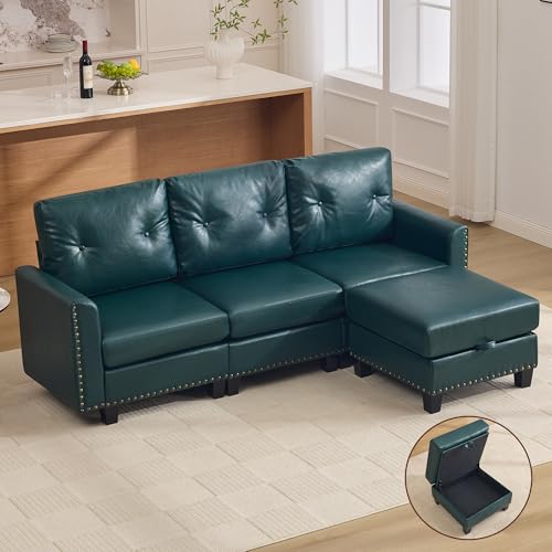 Image of 71 inch Faux Leather Modular Sectional 3 Seater Couch with Storage Ottoman, Vintage PU Leather L Shaped Sofa with Nailhead Trim, Mid Century Modern Tufted Couches for Living Room, Office, Forest Green