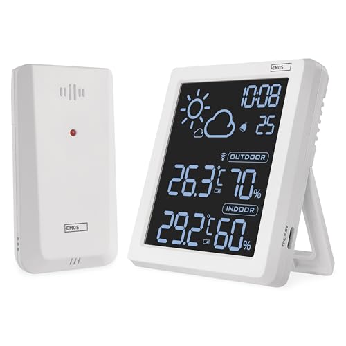EMOS - Funk Wetterstation mit VA-Display und drahtlosem Außensensor - Thermometer, Hygrometer, Wettervorhersage, Uhranzeige, Wecker - Comfort View...