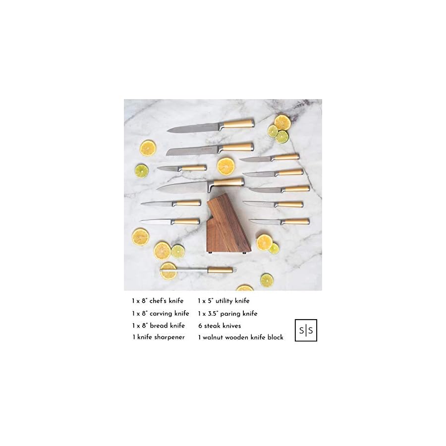 Gold Knife Set with Walnut Block – 13-Piece Full Tang Stainless Steel Kitchen Knives – Durable Gold Kitchen Accessories for Cooking and Food Prep