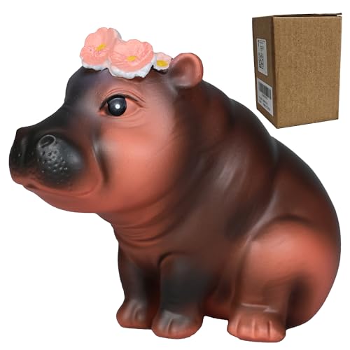 Estatua de hipopótamo Moo Deng con corona de flores miniatura 1