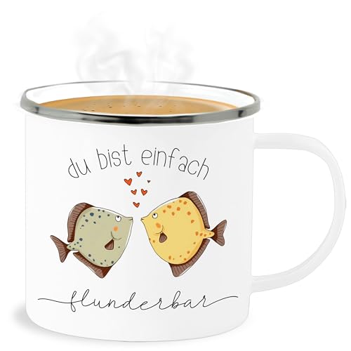 Emaille Becher Blechbecher - Tassen - Du bist einfach flunderbar I Pärchen Geschenke Spruch Flunder Kompliment I Liebeserklärung Geschenk Freundschaft I Paar Geschenke - 300 ml - Weiß Silber