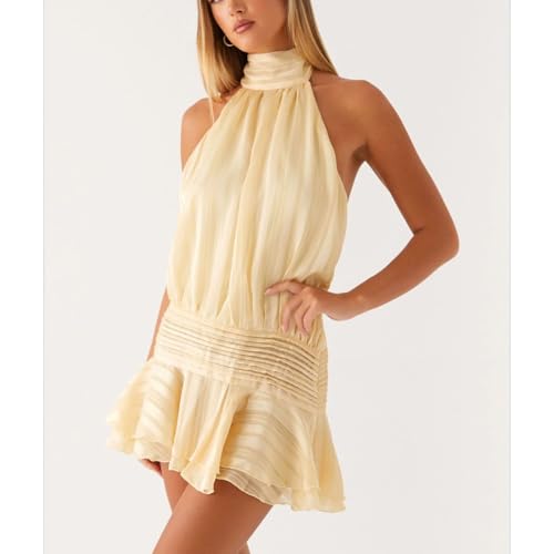 Image of Women's Halter Ruffles Mini Dresses Sexy Backless Wrapped Waist Lace Up Dress Fashion Vacation Beach Party Skirt