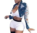 Voghtic Women Sexy Ripped Denim Jackets Lapel Button Down Short Crop Top Jeans Coat