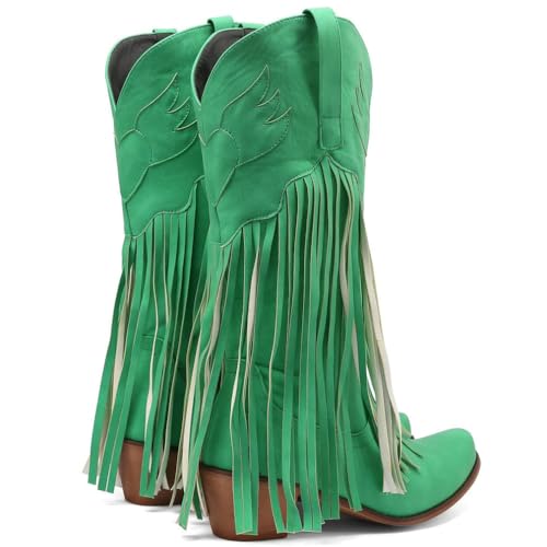 Women Fringe Cowboy Boots Square Toe Mid Calf Embroidered Western Boots Tassel Cowgirl Boots Stacked Chunky Low Heel Boots2