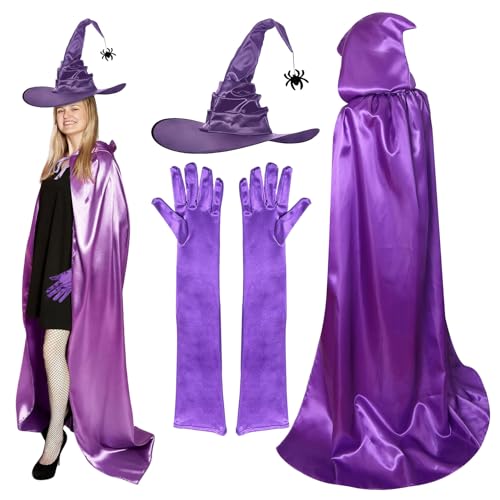 QITHGYD Disfraz de bruja para mujer, juego de 3 piezas con capa, sombrero de bruja y guantes, disfraz de bruja lila para carnaval, Halloween, cosplay y fiestas temáticas
