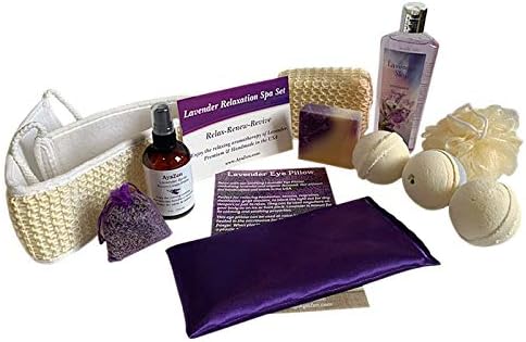 Aromatherapy Bath and Body Gift Set-Premium Lavender Relaxation Products Bath Bombs, Natural Soap, Sugar Scrub, Mulberry Silk Eye Mask, Lavender Sachet Full Size Products Made in USA