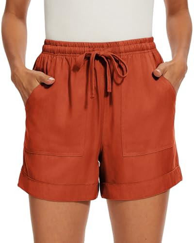 Smeng Womens Linen Shorts For Women Summer Comfy With Pockets Elastic Waist Bermuda Drawstring Hot Pants Orange Medium cover