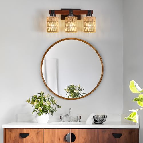 Image of 3 Light Bathroom Vanity Light Fixtures, Rustic Style Farmhouse Wood Bathroom Wall Sconce, Handmade Bamboo Woven Boho Wicker Basket Lamp Shade,Suitable for Bedroom, Hallway, and Living Room