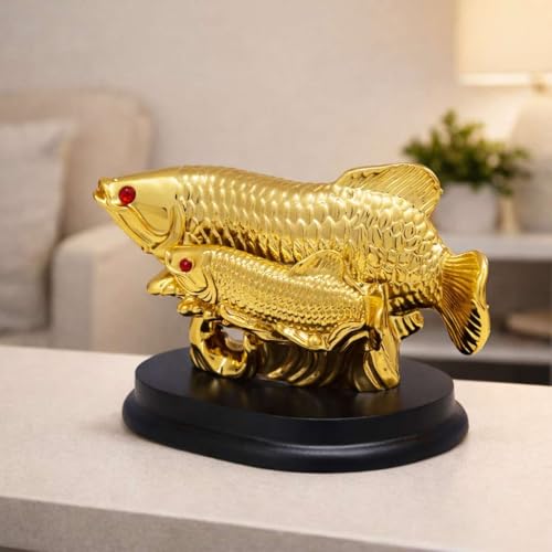 Image of Feng Shui Golden Arowana Fish with Baby Statue for Luck, Wealth & Prosperity | Crystal Polyresin Arowana Showpiece for Home, Office, Shop & Cash Counter Decor