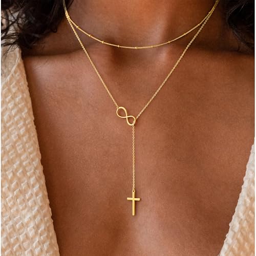 Ursteel Lariat Gold Cross Necklace for Women - Dainty 14K Gold Plated Y-Shaped Cross Pendant Necklace Long Layered Pearl Heart Necklaces Religious Christian Baptism Faith Jewelry Gifts3