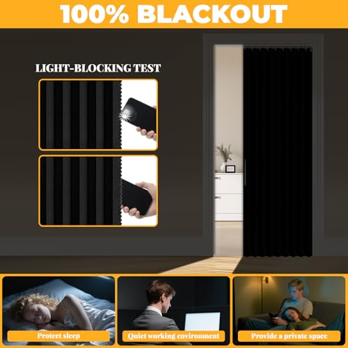 AJAZZ 100% Blackout Accordion Doors Interior Magnetic Door Curtain Folding Closet Door Curtain Invisible Applicable Bedroom Room Living Room Doorway (Black 52" W x 78" L) 1 Panel