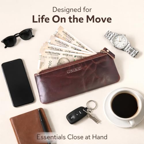 Image of CONTACTS Genuine Leather Small Pouch Multipurpose Utility Bag Zipper Pencil Pouches Holder Aesthetic for Adults Men Women Boys Coin Purse Money I Pen I Key I Tool Jewelry Bag - Brown