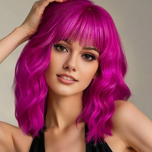 AGO Rose Purple Wavy Wigs with Bangs Pastel Bob Wig Shoulder Length Synthetic Hair for Girl Heat Resistant Fiber Wig for Daily Party Halloween Cosplay Use(405/T2356#RosePurple)