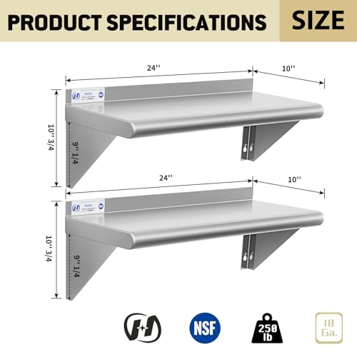 Image of Hally Stainless Steel Shelf Wall Mounted Metal Shelf Wall Shelf 10 x 24 NSF Heavy Duty 250 lb Capacity, Commercial Wall Mounted Storage Rack for Kitchen, Garage, Laundry Room 2 Pack