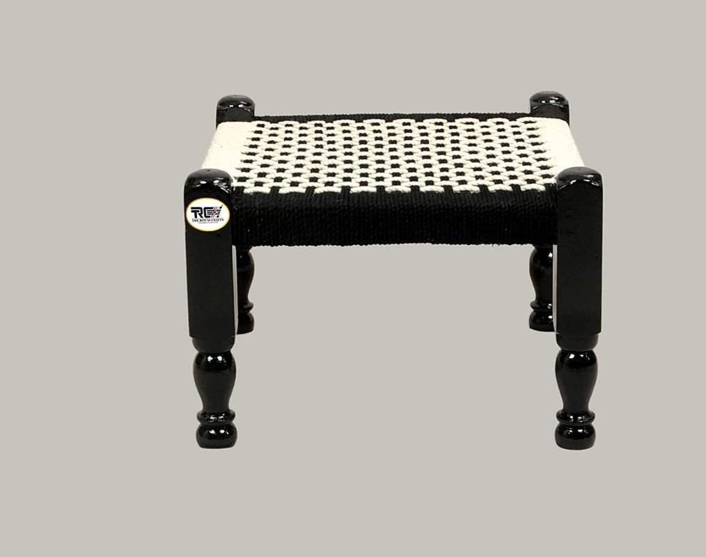 THE ROYAL CRAFTS Traditional handicrafts Black and White Cotton Rope 12 inch Wooden khatli Stool mudda pidda rajwadi Furniture (12 INCH) 4
