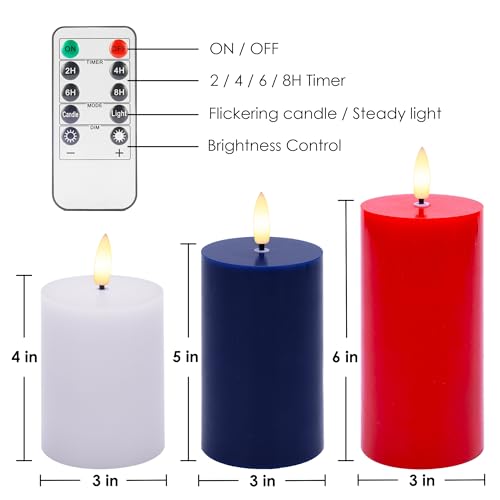 Image of JOIONE Patriotic Flameless Pillar Candles with Remote, 3 Pcs Red White Blue | Battery Operated, Red White Blue, Real Wax, Remote Control, Warm Flickering Glow, 4th of July Independence Day Party Decor