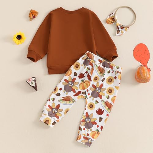 Lesimsam Thanksgiving Baby Girl Outfit Toddler Letter Print Long Sleeve Sweatshirt Turkey Pants Headband 3 Piece Outfits Set3