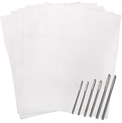 Clear Plastic Mesh Canvas Kit - 6 Canvas Sheets Size #7, with 6 Large Eye Blunt Needles, Sizes 13, 14 and 16, 2 of Each Size. (Plastic Canvas & Needles)
