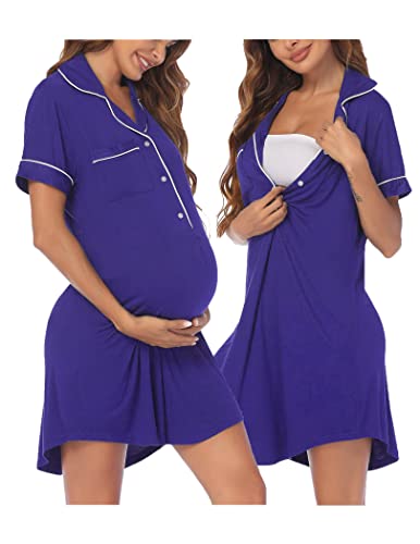 Image of Ekouaer Nightgown Button Down Nightshirt Short Sleeve Pajama Top Boyfriend Sleepshirt Nightdress for Women Purple