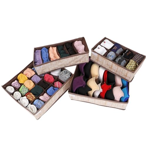 Image of HOKIPO Fabric Undergarment Clothing Organizer Storage Box for Drawers Bra Panty Socks Tie Lingerie Organizer for Wardrobe, 4 Pcs-6+8+8+24 Grids (NEW-332 + 334 + 335 + 336), Brown