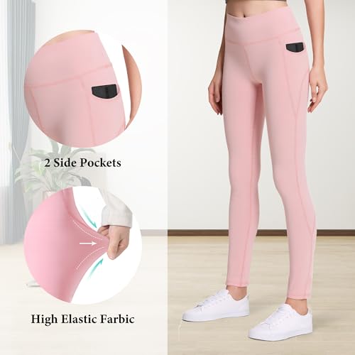 JinBei Sporthose Mädchen Leggings mit 2 Taschen Sportleggings Hohe Taille Elastisch Sportkleidung Kinder Atmungsaktive Lang Gymnastikhose Jogging Training Hose für 7-8 Jahre, GR.122-128, Rosa