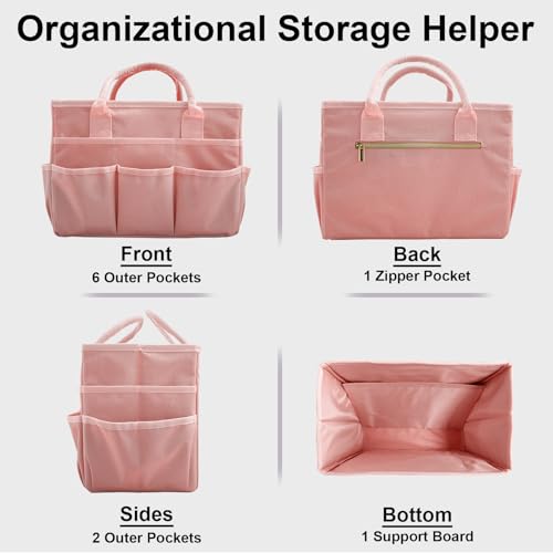 Image of Cupohus Art Organizer Craft Storage Tote Bag with Pockets and Handles, Oxford Fabric Carrying Caddy for Teacher, Officer, Artist, Traveler, and more -Pink