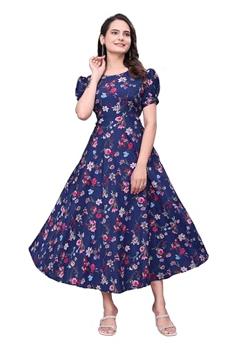 Image of Women's A-Line Crepe Maxi Dress | Stylish Fit and Flare Dress with Round Neck Short Puff Sleeves for Casual Wear