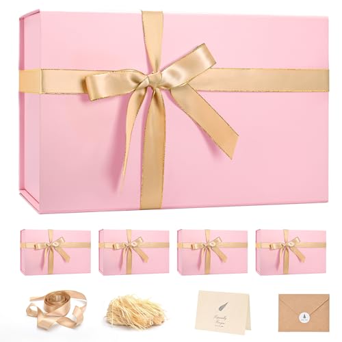 Image of LIFELUM Pink Gift Box with Magnetic Lids for Presents, 14 inchx8.5 inchx4.5 inch | with Ribbon, Greeting Card & Filler for Bridesmaid, Wedding, Graduation & Anniversary, 5 Pack