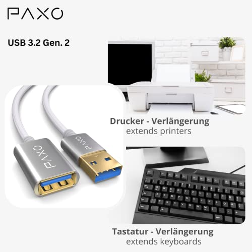 PAXO USB extension 5m, 10 Gbit/s (1.25 GByte/s), USB 3.2 Gen2 (3.0, 3.1), USB extension cable, A plug to A socket, white, fabric jacket - Image 4
