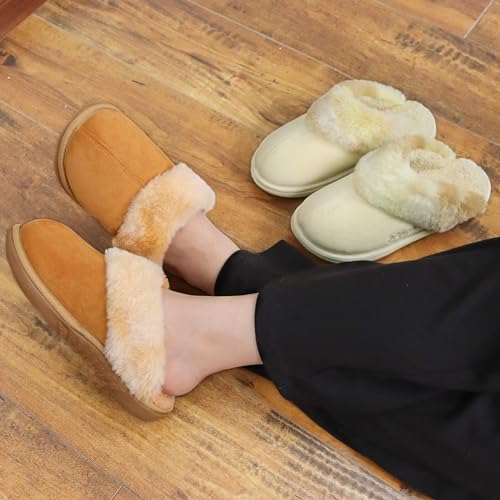 jiajiale Women's Arch Support Memory Foam Slippers Orthotic Plantar Fasciitis Slip On Suede Ladies Scuff Slipper Cozy Fuzzy Shearling Winter House Shoes Indoor Outdoor Tan Size 72
