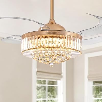 MOOONICHE 48 Inch Crystal Ceiling Fan with Light and Remote Modern Dimmable Fandelier Invisible Retractable Chandelier Fan Gold for Bedroom Living Room