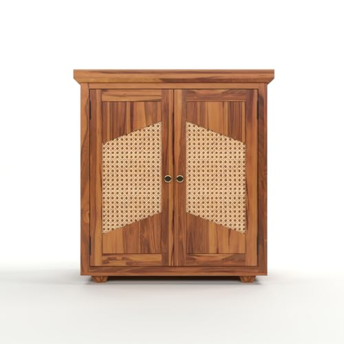 Image of Solid Sheesham Wood Sideboard Cabinet for Living Room | Wooden Storage Cabinet with 2 Designer Cane Doors & Shelf | Modern Geometric Rattan Sideboard for Home (Honey Finish)
