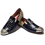 XQWFH Luxury Men Loafer of Genuine Leather and Velvet,Mens Dress Shoes with Gold Buckle,Spiked,Fashion Slip On Glitter Party Prom Shoes(Black)