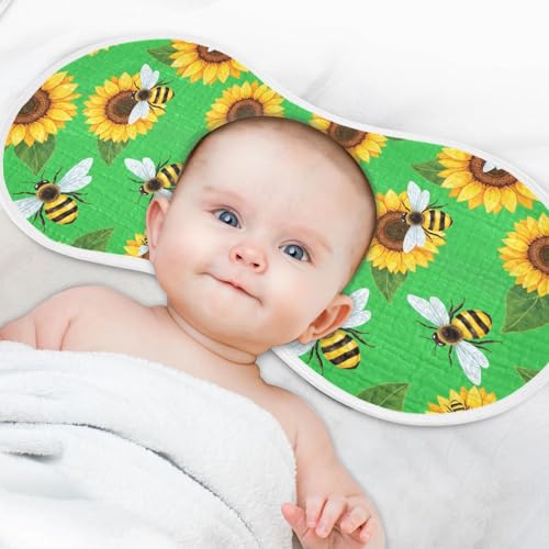 2 Pack Muslin Burp Cloths Sunflowers Bee Green Cotton Baby Burp Cloths Extra Absorbent and Soft Burping Cloth for Newborn Babies, Large 22" x 11"4