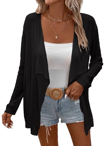 Womens Lightweight Crochet Cardigan Sweater Rib Knit Open Front Sweater Coats