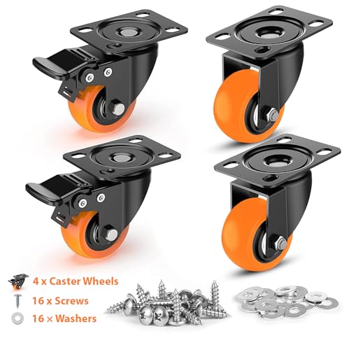Image of 1.5 Inch Heavy-Duty PU Castor Wheels for Furniture, Swivel Caster Wheels Soft Rubber for Trolleys, Beds, Counters & Wheelchairs 300kg Load Capacity (Set of 4, 2 Brake + 2 Without Brake, Orange)