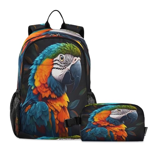 ALAZA Funny Parrot Portrait Kids Backpack Elementary Girls Boys Bookbag Rucksack Primary School Bag Backpack Set with Lunch Bag