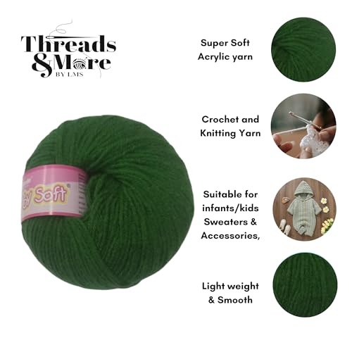 Image of Vardhman Baby Soft Yarn Pack of 6 - 4-Ply Acrylic Wool 150g Total | Soft Yarn for Knitting & Crocheting Baby Blankets, Sweaters, Toys & Accessories | 86m per 25g Ball (1, Dark Green)