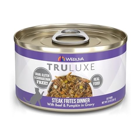 Weruva TruLuxe Cat Food, Steak Frites Dinner with Beef & Pumpkin in Gravy, 3oz Can (Pack of 24), Purple Cover
