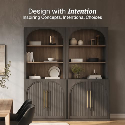 BELLEZE Storage Cabinet with Hutch Set of 2, 72\" Tall Modern Wood Sideboard with 3-Tier Shelves, Curved Styling Door Cabinet Curio Cabinet for Office, Study, Kitchen, Living Room, Ebony