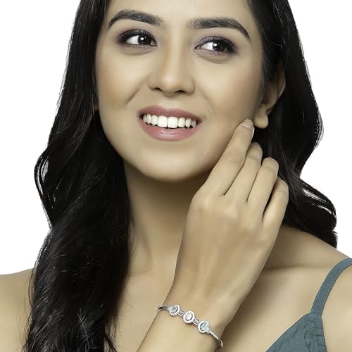 Image of ZENEME Rhodium-Plated Oval Shape American Diamond Studded Handmade Kada Bracelet For Girls and Women