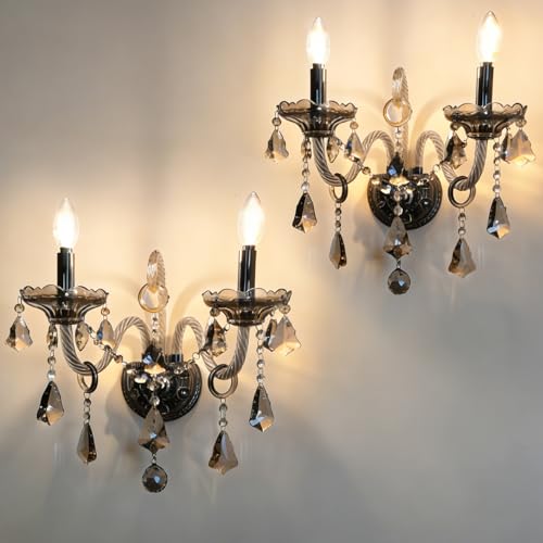 Crystal Wall Sconces Wall Lights Elegant Retro Gray Crystal Wall Lamp Set of 2 European Style Chandelier Fits for Living Room Bathroom Entryway Hallway Hotel Galleries Exhibition Room E12 Base