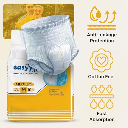 Image of Easyfit Adult Diapers Pants Medium Size | Adult Pull Up Pants | Unisex Leak Proof | Overnight Protection | Anti-Bacterial Absorbent Core (Pack of 9, Count 90)