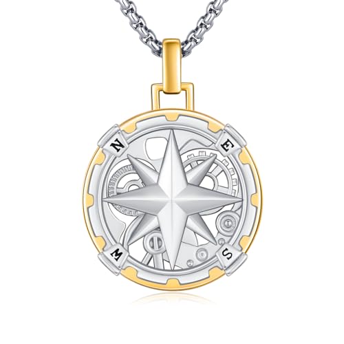 925 Sterling Silver Compass Necklace with Stainless Steel Rolo Chain 22