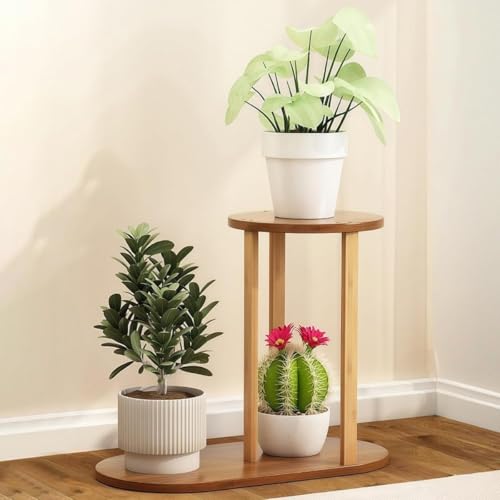 NICROSE フラワースタンド 室内 竹製 プランタースタンド 観葉植物 台 植物 棚 おしゃれ 盆栽棚 花台 階段状 ガーデンラック 組み立てが簡単 玄関 リビング ベランダ (2段)