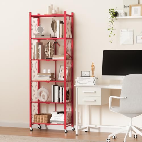 Image of ALANNG 73.6 Inch Folding Bookshelf, 6 Tier Metal Bookcase and Bookshelves | Tall Shelves for Living Room Office Bedroom, Heavy Duty Book Shelve Free Standing Open (Red, 1PACK)